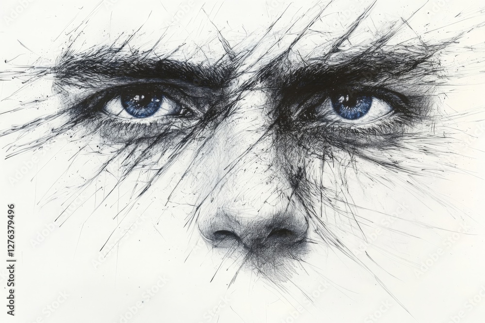 Poster intense eye drawing showcasing intricate details and striking features of a male face with a unique 