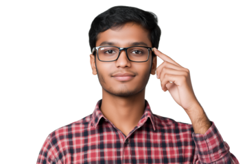 Bengali student in checkered shirt adjusting glasses with shy smile isolated on transparent white background