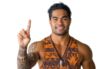  Samoan surfer in a tribal-print tank top showing up sign with his finger isolated on transparent white background