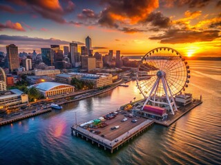Obraz premium Vintage Seattle Sunset: Aerial View of Skyline, Waterfront & Ferris Wheel