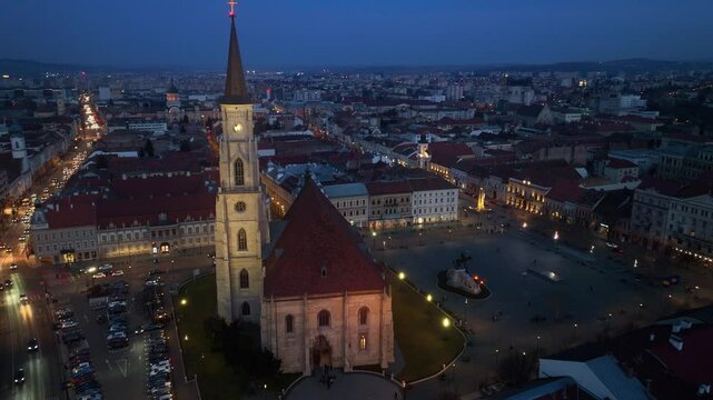 night Cluj Napoca aerial view, central square in Romanian town of Cluj Napoca, travel in Transilvania, Romania 