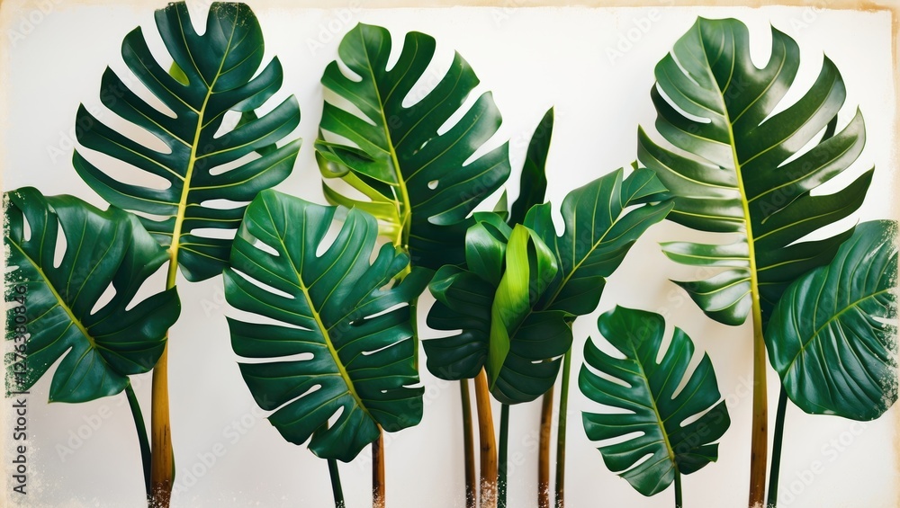 Poster tropical monstera leaves arranged on a light background highlighting their distinct shapes and textu