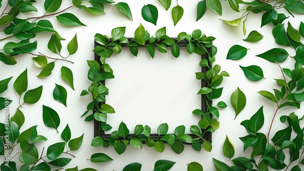Poster green leaves arranged in a decorative pattern forming a frame with empty space for text on a white b