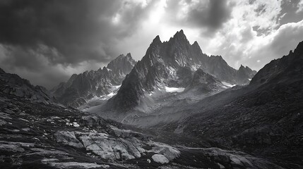 Dramatic Mountain Peaks and Rocky Landscape Under Cloudy Skies in Black and White