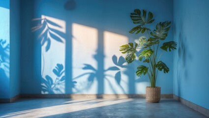 Interior room with blue walls, large green plant in basket, and sunlight casting leaf shadows on the floor and walls.