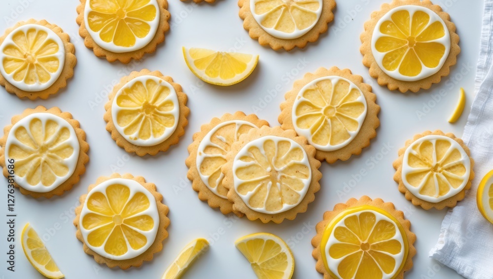 Poster lemon themed cookies decorated with icing in various shapes placed on a white background with lemon 