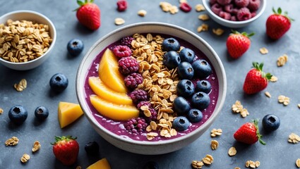 Colorful smoothie bowl topped with granola, blueberries, raspberries, strawberries, and mango slices on a textured surface.