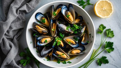 Bowl of cooked mussels garnished with fresh parsley and lemon served on a light grey table with a textured linen cloth
