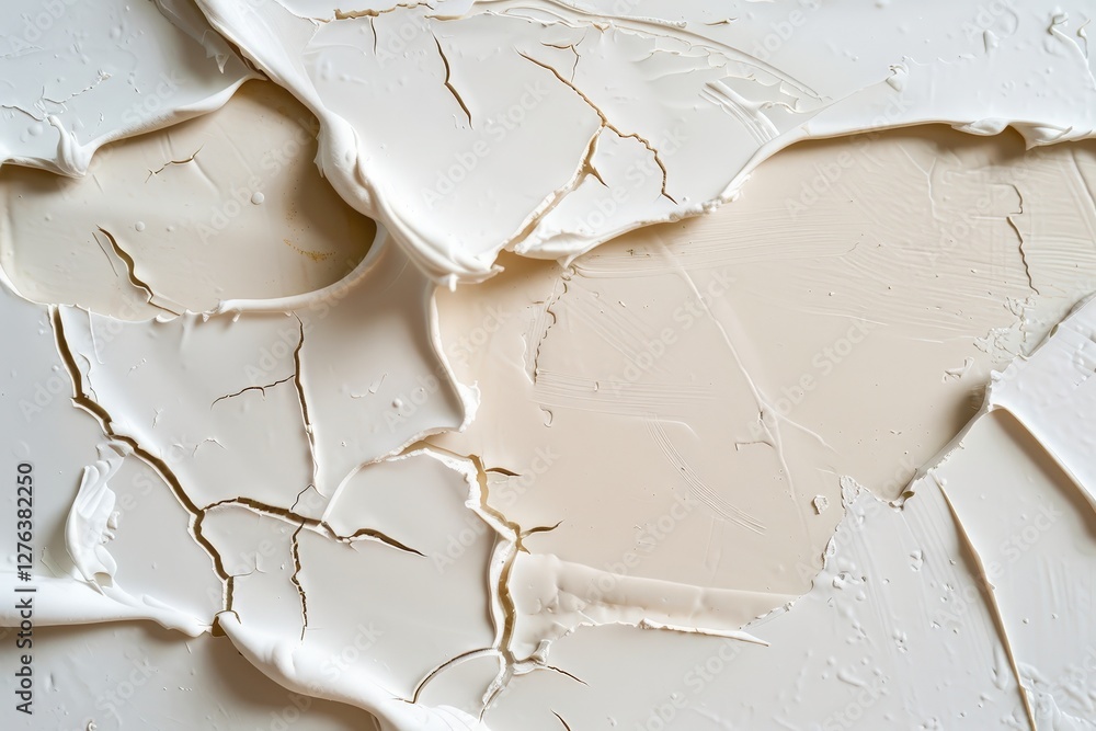 Poster cracked white paint texture on surface with flaky layers and natural patterns for background or art 