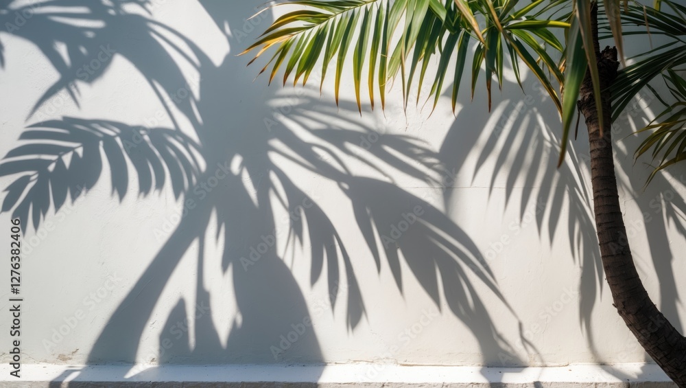 Poster palm tree shadows cast on a white wall highlighting intricate patterns and textures in natural light