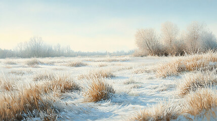 Frost-covered dead grass, brittle and frozen in the morning
