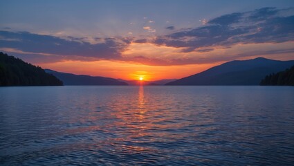 Sunset over calm lake with mountains in background reflecting colorful sky and water surface in serene natural landscape 1903