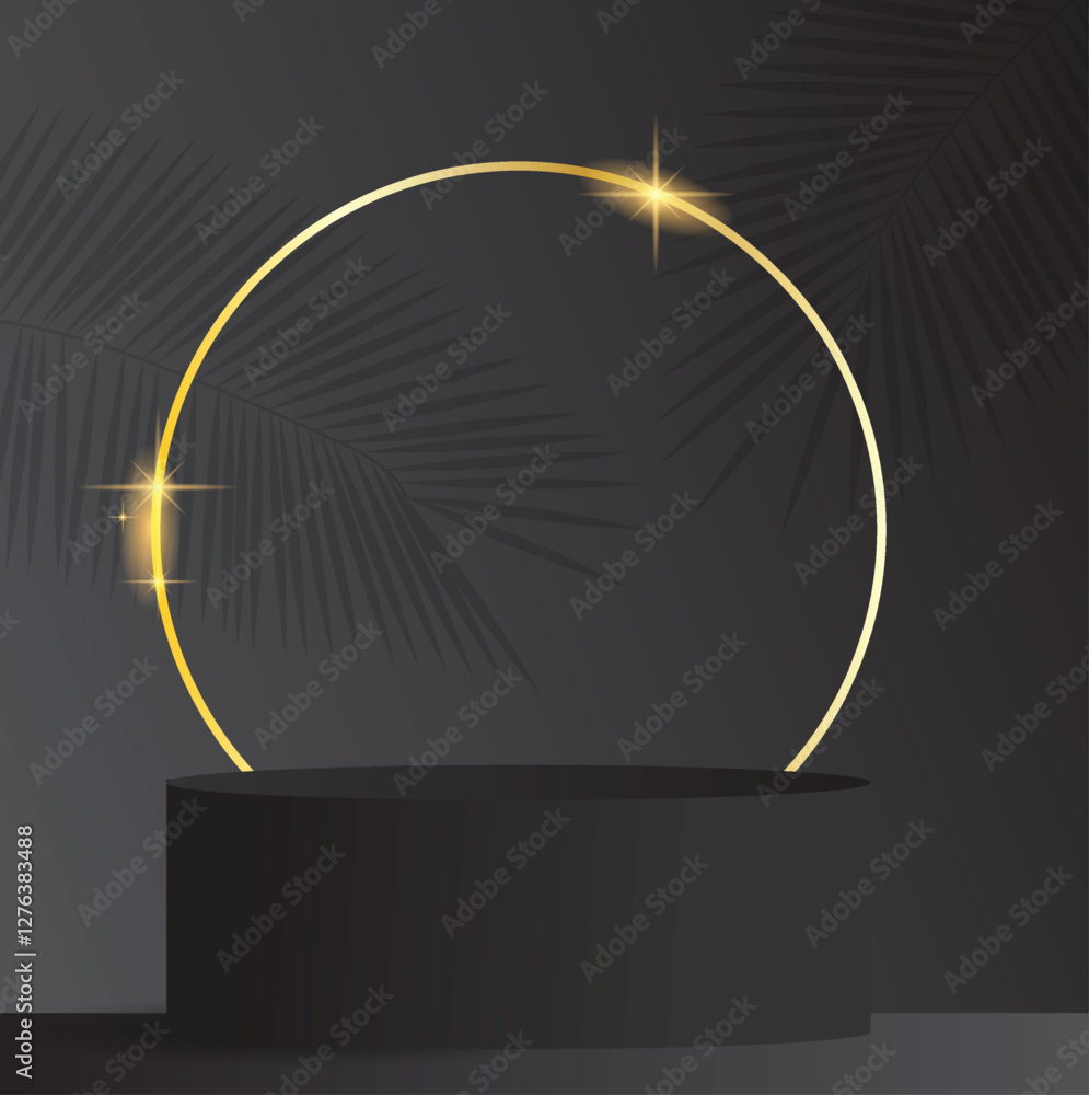 Poster golden glossy round frame with palm shadow on black podium. graphic design elements and resources. p