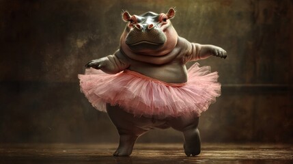 A hippo dancing ballet on its toes, wearing a pink tutu, juxtaposing its large body with an elegant yet clumsy dance move.