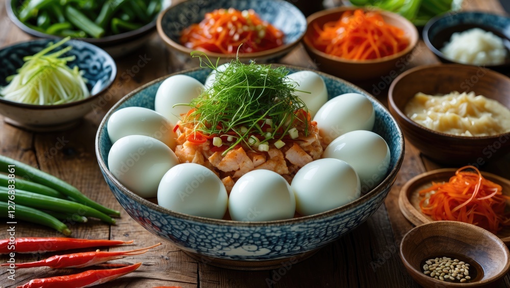 Aufkleber bowl of eggs with green onions and vegetables arranged on wooden table in a rustic setting with spic