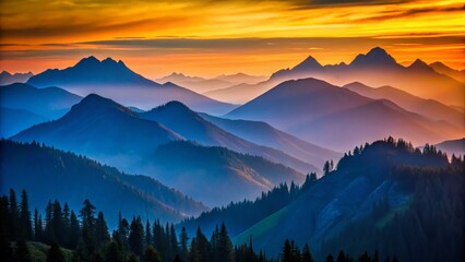 Obraz premium Washington State Dawn: Silhouetted Mountain Ridges at Low Light