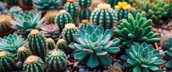 Fototapeta premium Variety of colorful succulents and cacti in a well-arranged garden setting with pebbles and pots in natural light.