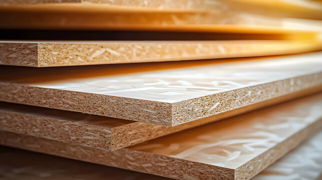Stacked particleboard sheets showing wood fiber detail
