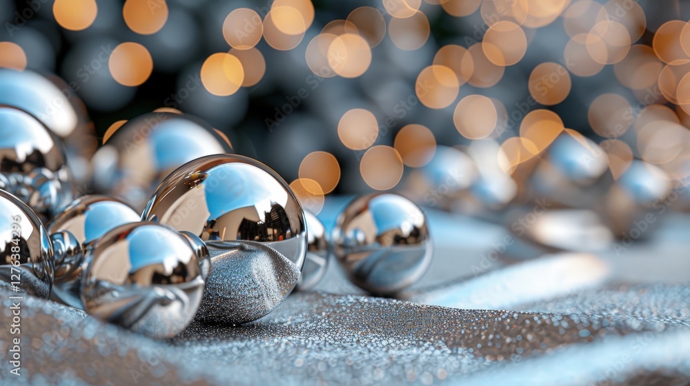 Poster shiny silver spheres on sparkling surface with blurry bokeh background creating a festive and elegan