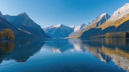 Naklejka premium Mountain landscape with clear lake reflecting peaks under blue sky in autumn season