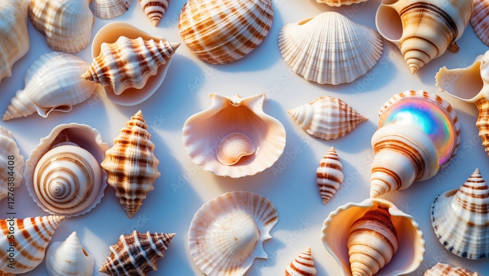 Poster variety of colorful seashells arranged artistically on a light surface with detailed patterns and te