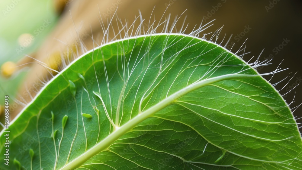 Poster close-up of a green leaf with fine hair-like structures and intricate vein patterns on a blurred nat