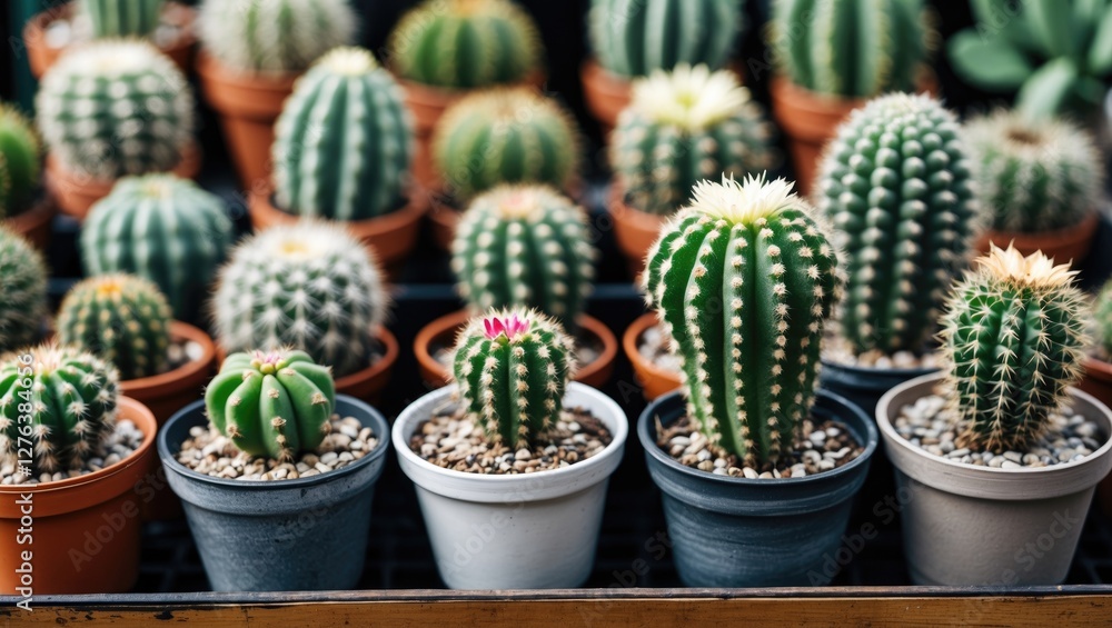 Poster various types of cacti displayed in small pots arranged on a shelf in a plant nursery or shop settin