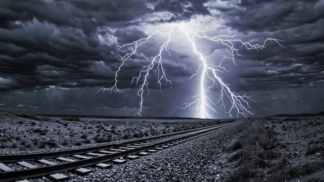 Railroad under dramatic lightning storm, powerful nature phenomenon. Atmospheric landscape and weather concept