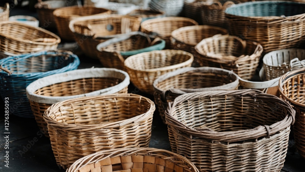 Poster various woven baskets of different sizes and colors arranged on a wooden surface in a rustic setting