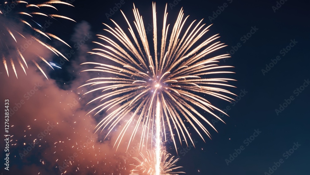 Poster fireworks display with multiple bursts in night sky creating vibrant and colorful patterns against a