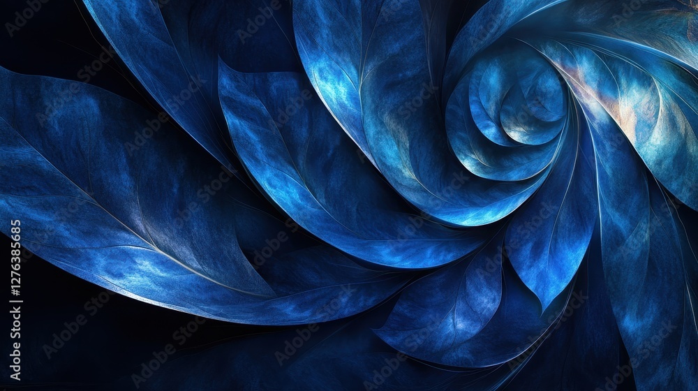 Poster abstract blue spiral leaves with intricate patterns in a dynamic swirl design