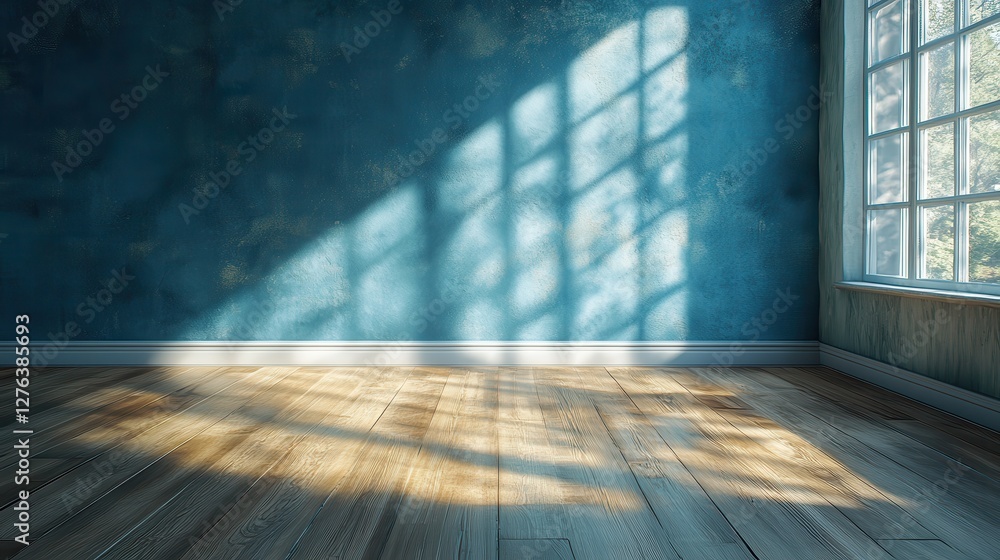 Poster sunlight streaming through window casting shadows on wooden floor in empty room