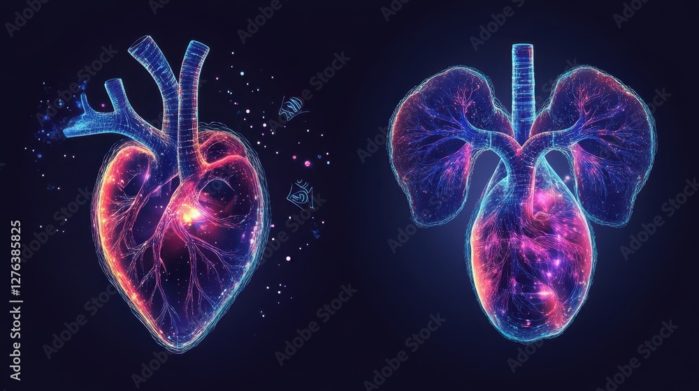 Poster glowing electromagnetic heart and lungs with sci-fi digital patterns on dark background