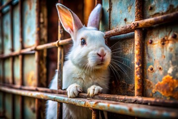 Obraz premium White Rabbit Kissing Through Cage Bars - Urban Exploration Photography