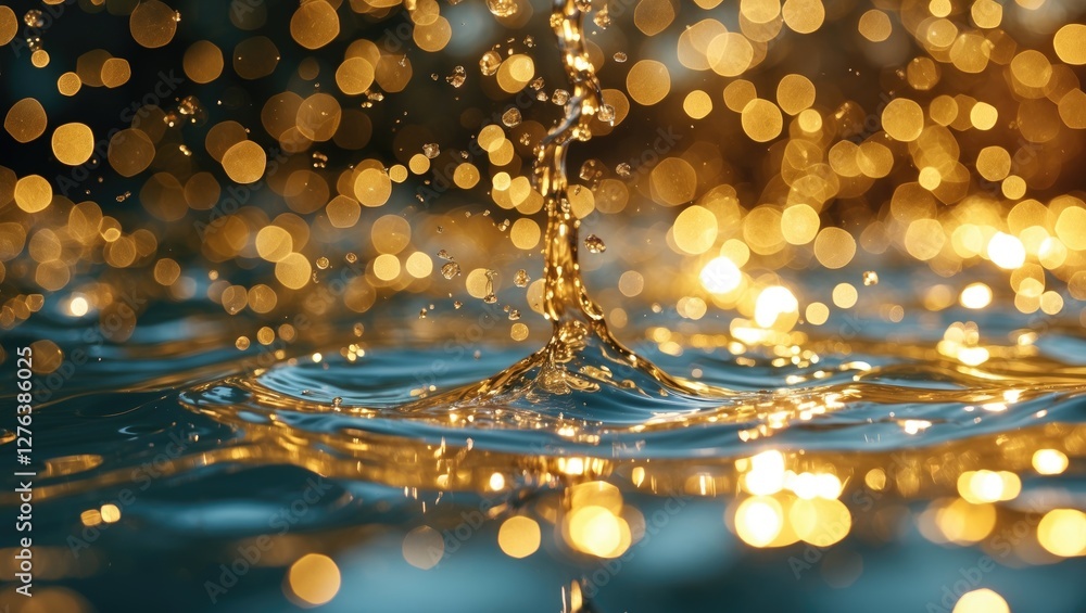 Poster close-up of water droplets splashing into a body of water with bokeh golden light reflections in the
