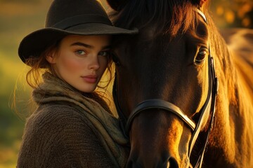 Fototapeta premium Woman, horse, sunset, field, autumn, friendship, equine, portrait, nature, stock photo