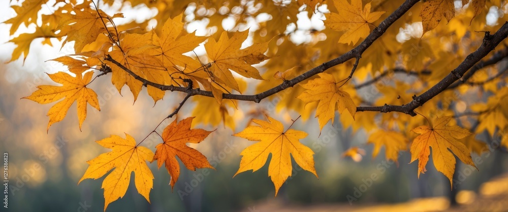 Poster colorful autumn maple leaves on branches illuminated by soft sunlight in a natural setting with blur