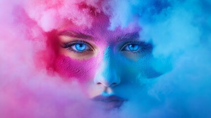 Fototapeta premium A young woman with blue eyes adorned in vibrant pink and blue powder, set against a colorful mist backdrop.