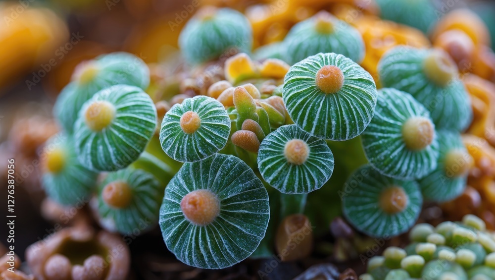 Poster macro shot of vibrant green succulents with intricate patterns and textures on leaves, showcasing th