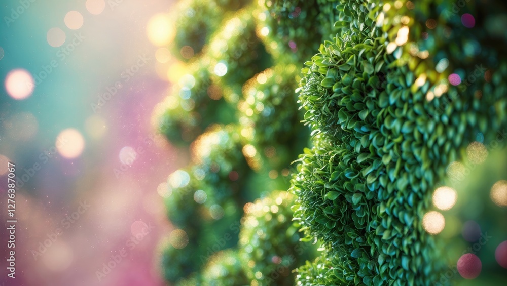 Poster close-up of green lush foliage with bokeh background in soft focus representing nature and vibrant p