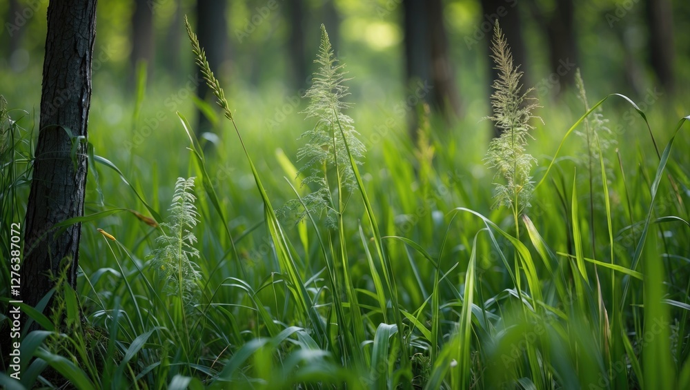 Poster dense green grass in a forest setting with sunlight filtering through trees creating a natural and t