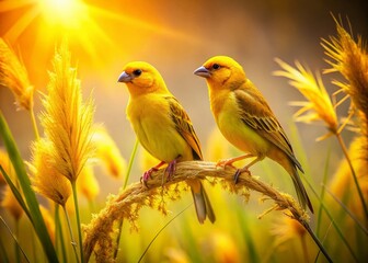 Obraz premium Yellow Bird Couple on Golden Grass, Botanic Garden - Romantic Nature Stock Photo