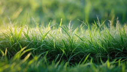 Obraz premium Lush green grass with sunlight highlighting its texture during the early morning in a natural outdoor setting