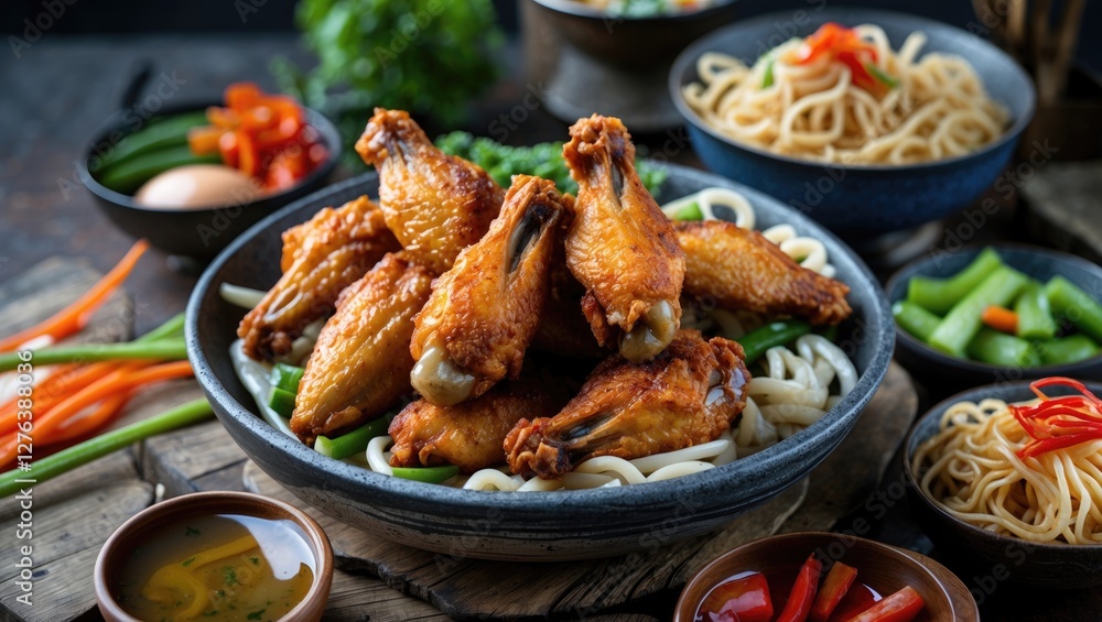 Poster crispy fried chicken wings served on a bed of noodles with a variety of colorful vegetables and cond