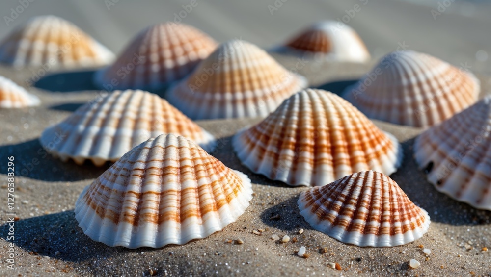 Poster dome shaped seashells with distinct orange and white striped patterns on sandy beach surface with so