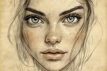 Obraz premium Portrait of a young woman with captivating green eyes and delicate freckles, showcasing intricate artistic details and a natural expression