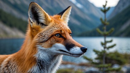 Fototapeta premium Red fox close-up portrait near a lake in mountainous landscape during daytime with blurred background and soft natural lighting