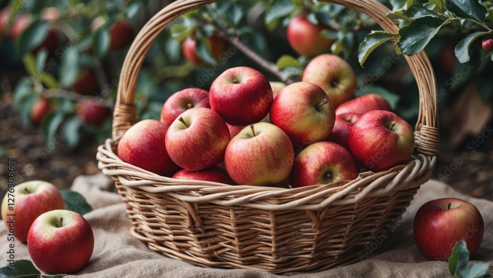 Poster basket filled with fresh red apples on a rustic table among apple tree branches and leaves in a natu