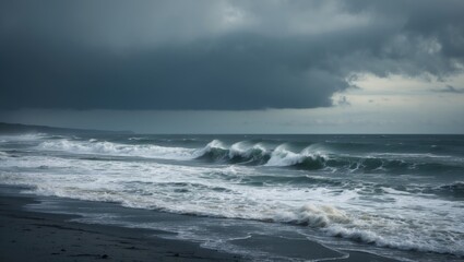 Stormy ocean waves crashing on a dark sandy beach under a moody cloudy sky in a coastal environment