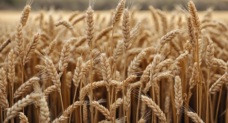 Fototapeta premium Close-up view of golden wheat ears swaying in the field under natural sunlight on a summer day